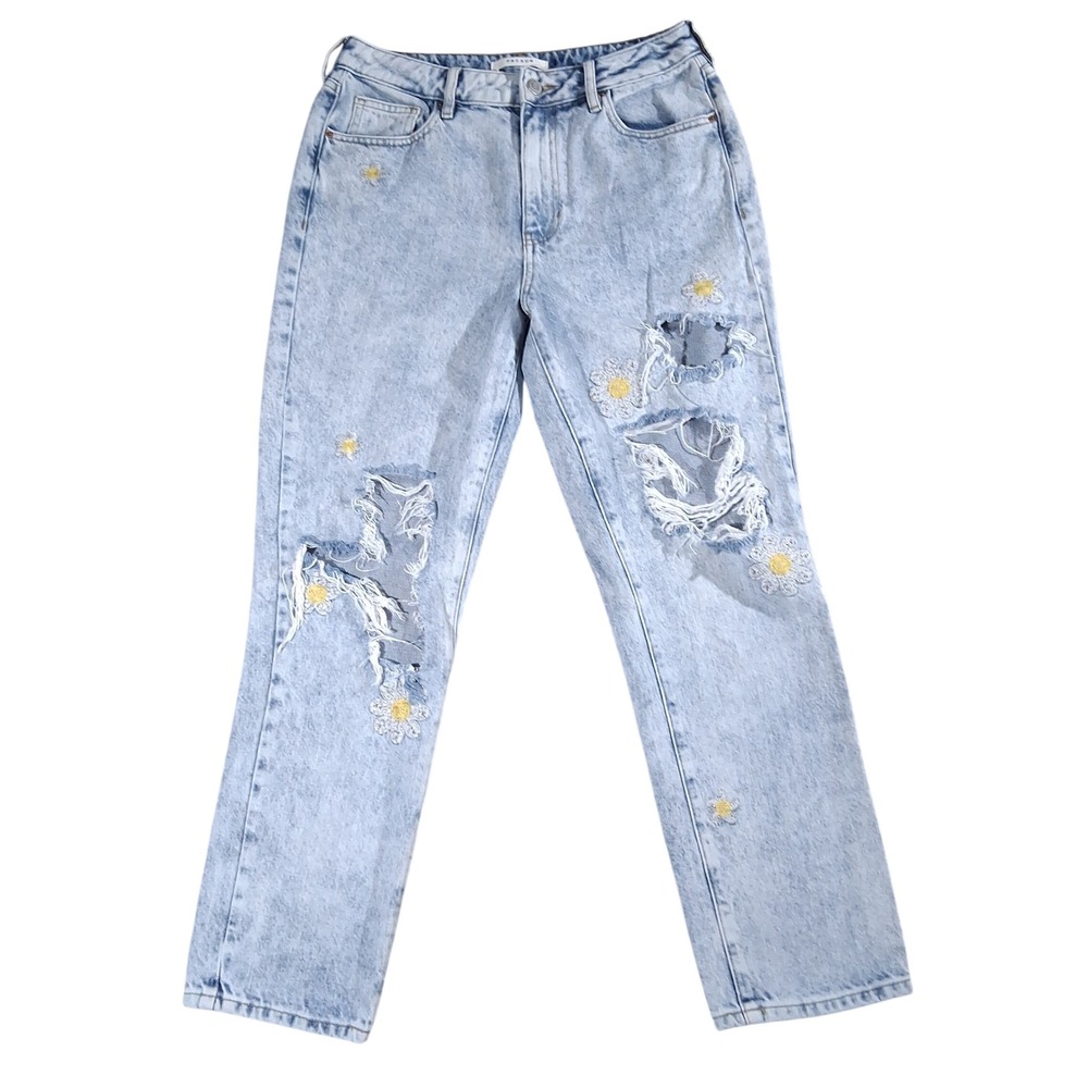PacSun Women Light Wash Daisy Embroidered Distressed Mom Jeans Size 27 (Fits 28)
